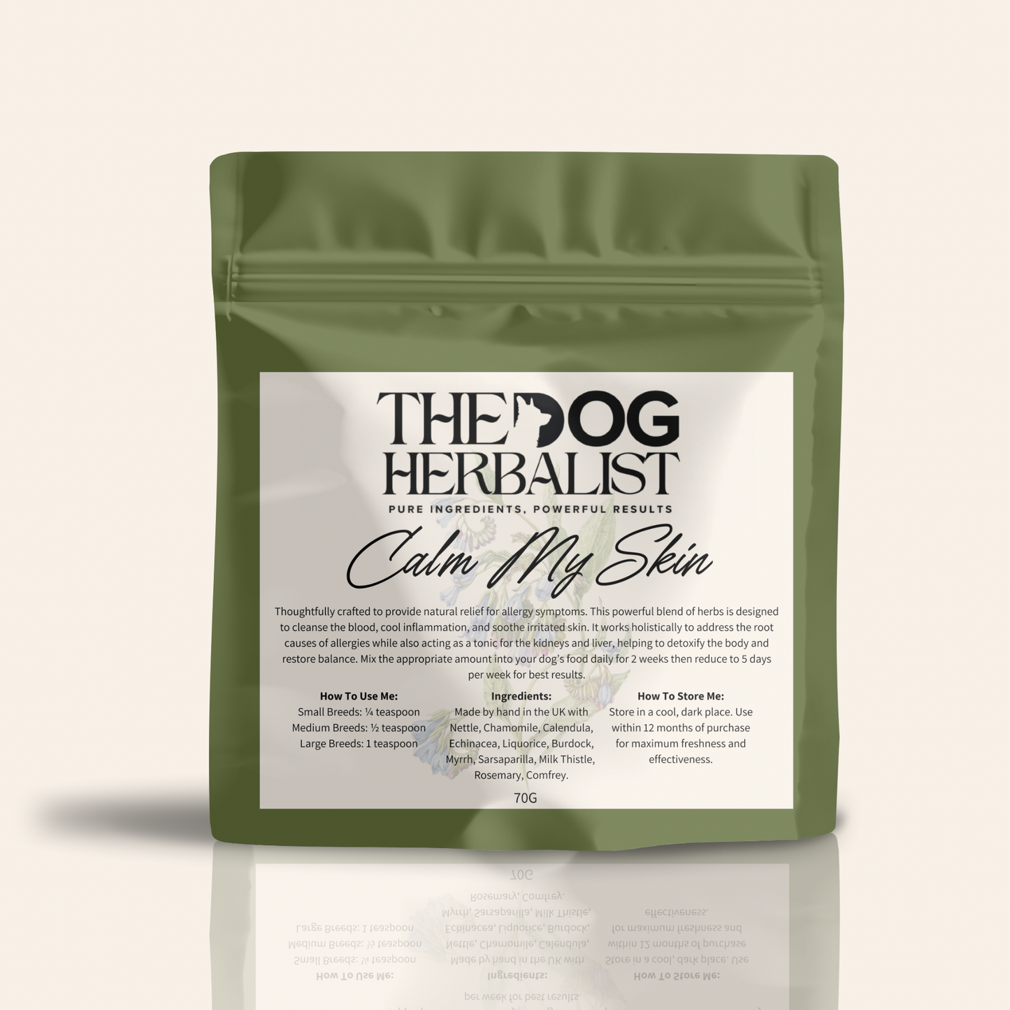 Calm My Skin Herbal Powder – natural herbal supplement for dog itchy skin and allergies – holistic dog health UK
