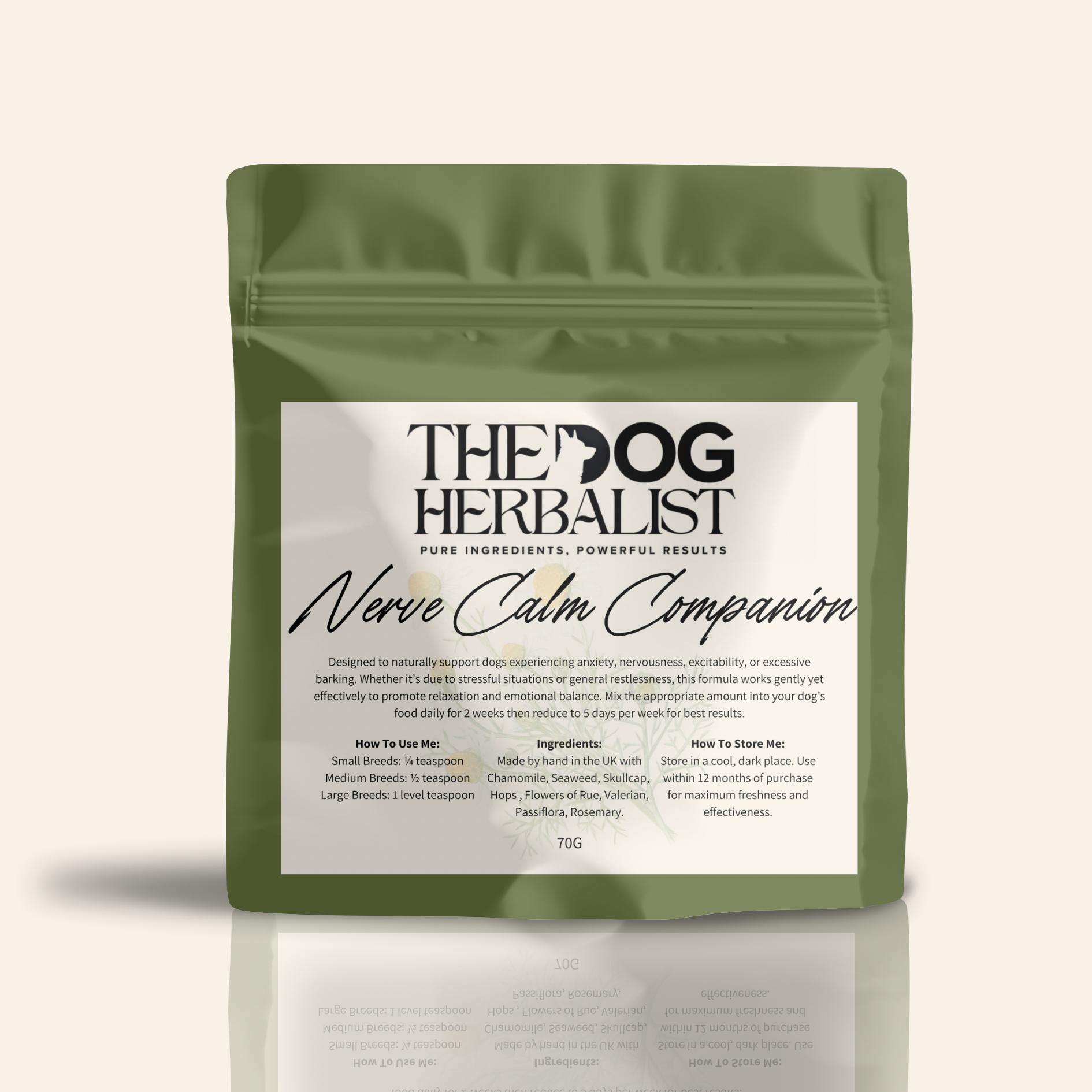 Nerve Calm Companion Herbal Powder – natural herbal supplement for dog anxiety and nervous system support – holistic dog health UK
