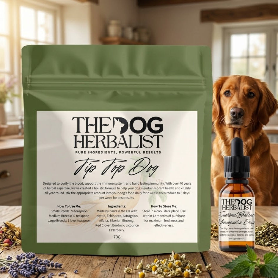 Tip Top Dog & Emotional Wellbeing Bundle – natural herbal and homeopathic bundle for dog emotional wellbeing and vitality – holistic dog health UK